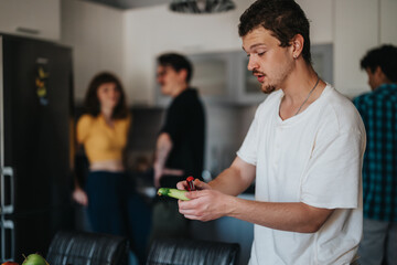 A group of friends enjoying casual conversation while preparing a meal in a stylish kitchen setting. Focus on young man slicing vegetables.