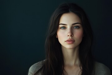 Fototapeta premium Portrait of a brunette woman with long hair and healthy skin against a dark background Studio image