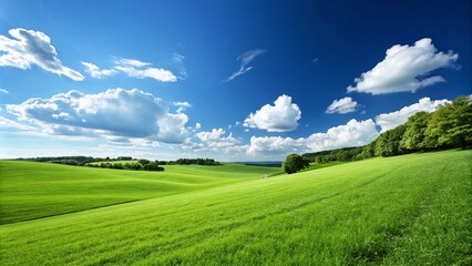 Obraz premium Lush Green Grass Field Bathed in Bright Sunlight Under a Clear Blue Sky Perfect for Relaxation and Outdoor Activities, Showcasing Nature's Beauty and Serenity