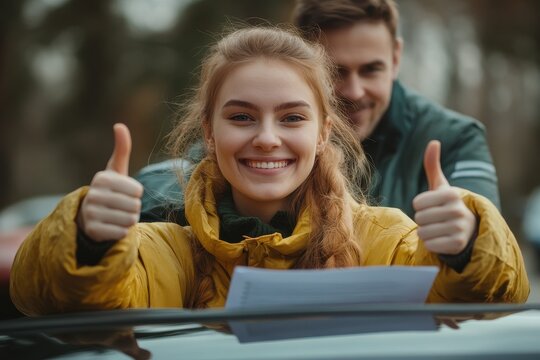 Smiling female student celebrates passing her driving test as male instructor takes notes Safe driving theme