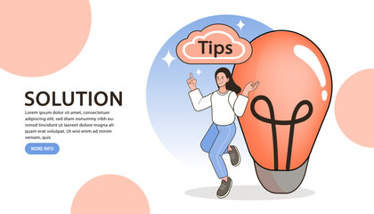 Brilliant Inspiration Idea. Woman thinks of great idea. Good idea reach inspiration motivation, found solution for success at work. woman and a lightbulb. Flat Cartoon Vector Illustration.