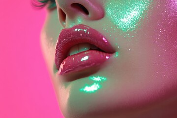 Stylish portrait featuring a glam model in pink and green with shimmering cheekbones and glossy pink lips Space for text