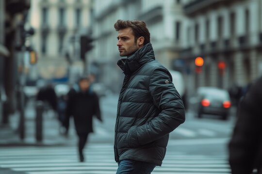 Stylish man in an elegant jacket crossing the street in Turin Italy