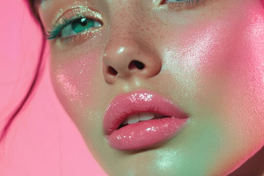 Stylish portrait featuring a glamorous model with eye catching makeup shimmering cheekbones and shiny pink lips Attractive girl with space for text Image