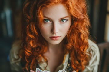 Obraz premium Vintage style portrait of a young woman with red hair possibly a poker player or fortune teller