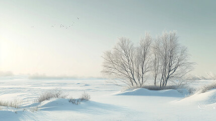 Obraz premium A snowy landscape with a river and mountains in the background, Serene Snowy Scenery: A White Winter Wonderland