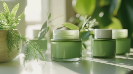 Eco-Friendly Glass Skincare Jars in Fresh Green Tones Bathed in Natural Daylight