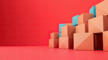 Colorful geometric boxes arranged on a vibrant red background.