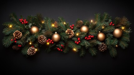 Elegant Holiday Garland with Pinecones and Ornaments on Black Background