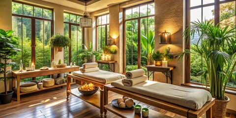 Fototapeta premium Luxurious Wellness Spa Experience: Embrace Plant-Based Treatments for Massages, Facials, and Aromatherapy in a Soothing and Vibrant Natural Setting