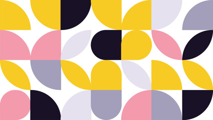 Abstract Geometric Pattern Artwork. Retro colors yellow, pink, blue dark and white background.