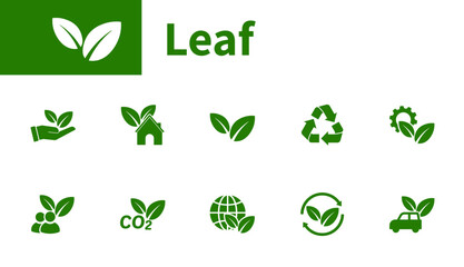 Leaf icon. Set of solid vector icons about environment, nature, green, recycling, ecology.