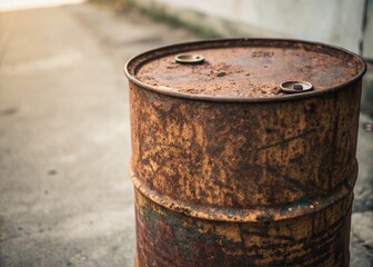 Fototapeta premium Macro Photography of a Rusty Old Oil Barrel with Detailed Texture and Weathering Effects, Perfect for Industrial and Vintage Themes in Stock Photography