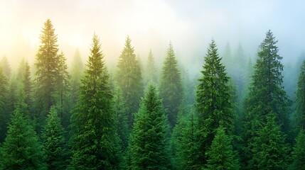 Fototapeta premium Explore the majestic serenity of lush green forests bathed in morning mist and soft light