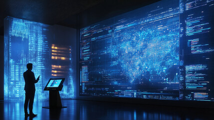 Data Analyst Business Trends Prediction System, Digital Display, Algorithm Visualization, Memristor Technology, 3D Rendering