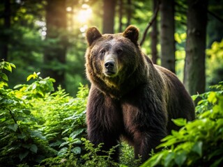 Fototapeta premium Majestic Brown Bear in a Lush Forest Landscape with Vibrant Green Foliage and Soft Sunlight Filtering Through the Trees, Capturing the Essence of Wildlife and Nature's Beauty