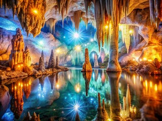 Majestic Cathedral Cave with Breathtaking Bokeh Effect, Illuminated Stalactites and Stalagmites, Creating a Dreamlike Atmosphere for Nature Lovers and Photographers Alike