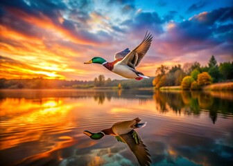 Fototapeta premium Majestic Duck in Flight Over a Tranquil Pond Reflecting the Glorious Sunset Colors, Capturing the Essence of Natural Beauty and Serenity in Long Exposure Photography