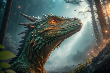 Fototapeta premium Majestic Emerald Orange Dragon Head with Large Orange Pupil Captured in Stunning High Depth of Field for Fantasy and Mythical Creatures Imagery