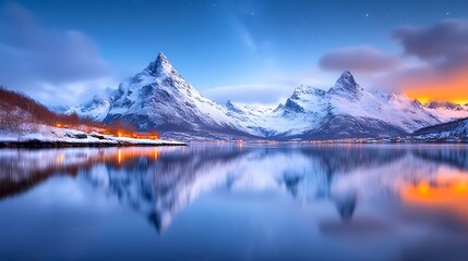 Breathtaking mountains reflect in tranquil waters at dusk capturing nature's serene beauty