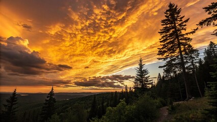 Majestic Golden Sunset Clouds Illuminating Silhouetted Trees in a Serene Landscape Captured at Dusk for Nature Lovers and Photography Enthusiasts