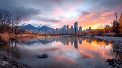 Stunning sunset reflections over a serene lake surrounded by urban cityscape