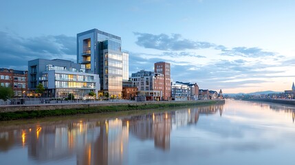 Obraz premium Explore the stunning riverfront architecture showcasing modern design and urban lifestyle