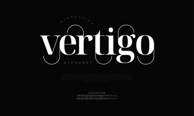 Fototapeta premium Vertigo typography beauty fashion elegant minimalist serif italic fonts decorative wedding vintage retro logos. Minimal luxury font alphabet logo. Vector illustration