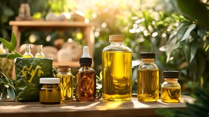Eco-Friendly Organic Oils in Zero-Waste Packaging with Leafy Background and Sunlight Glow