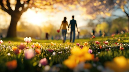 Couple Holding Hands in a Park During Springtime