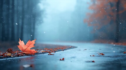 Autumn leaves fall gently on a rain-slicked road creating a serene nature scene
