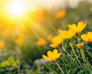 Fototapeta premium A vibrant field of yellow flowers glimmers in the sunlight, creating a warm and inviting atmosphere filled with life and color.