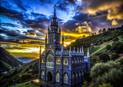 Majestic Silhouette of Las Lajas Church Against a Twilight Sky with Dramatic Clouds and Rolling Hills, Perfect for Capturing the Spirit of Gothic Architecture and Natural Beauty