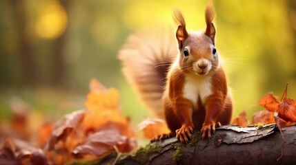 A close-up of a squirrel on a log surrounded by autumn leaves in a serene forest setting.