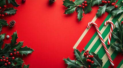 Festive candy cane with holly on red background.