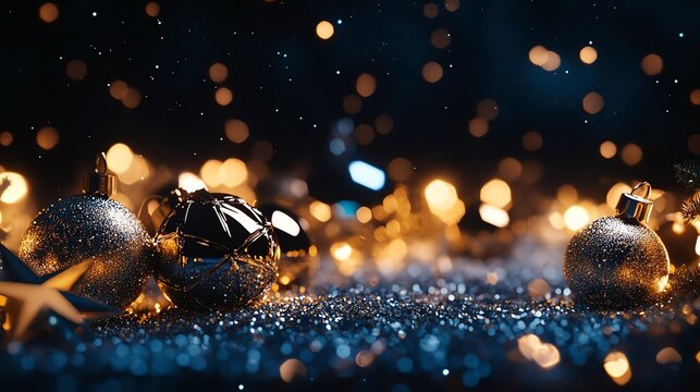 Glittering holiday lights and ornaments shine.