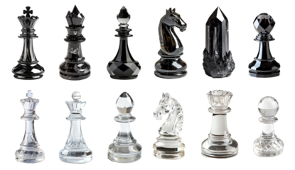 Chess set with king, queen, bishop, knight, rook, and pawn - competitive sides with all pieces for black and white crystals