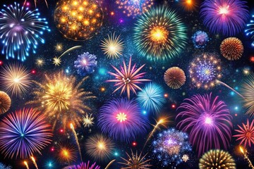 Fototapeta premium Midnight Countdown Scenes with Fireworks for New Year's Celebrations, Perfectly Tileable Background Design for Events and Festivities, Capturing the Magic of Nighttime Festivities