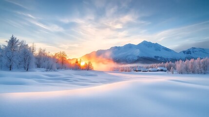Captivating sunset illuminates a snow-covered landscape with majestic mountains in the background