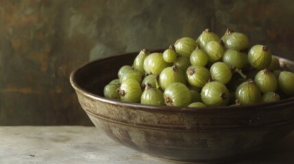 Fresh Green Gooseberries in Bowl on Rustic Table