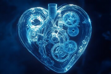 Human heart depicted in a minimalistic style, showcasing intricate mechanical gear wheels inside, rendered in hologram style