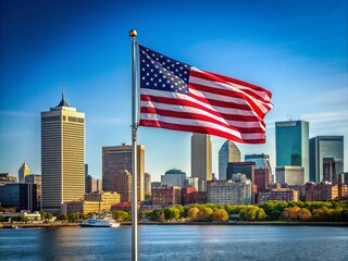 Minimalist Boston Skyline with United States National Flag: A Serene Representation of American Pride and Urban Beauty in a Clean, Modern Aesthetic