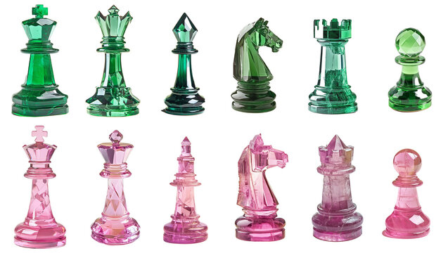 Green and pink crystal chess set with king, queen, bishop, knight, rook, and pawn - competitive sides with all pieces