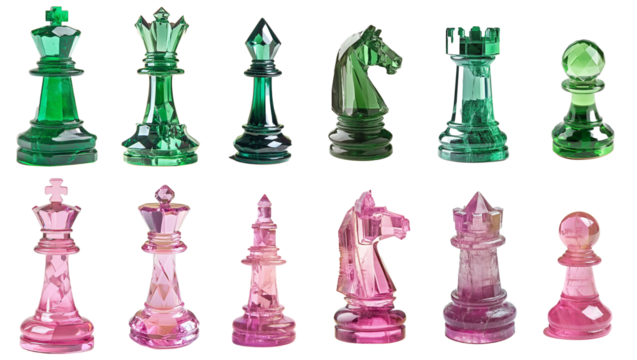 Green and pink crystal chess set with king, queen, bishop, knight, rook, and pawn - competitive sides with all pieces
