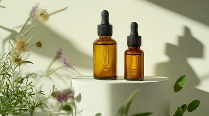 Fototapeta premium Serene Beauty - Organic Skincare Oils in Minimalist Botanical Setting
