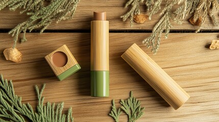 Obraz premium Eco-Friendly Lip Care in Bamboo Packaging on Rustic Wooden Surface with Green Accents