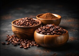 Fototapeta premium Minimalist Coffee Still Life: Whole Beans and Ground Coffee in Wooden Bowls on a Dark Surface