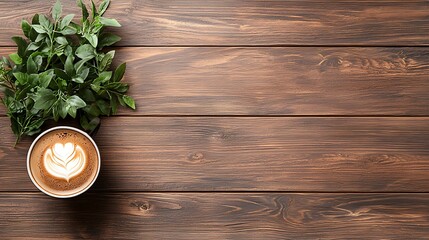 Enjoy a warm cup of coffee with fresh green leaves on a rustic wooden table