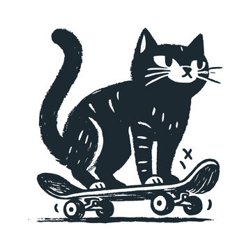 recommend clip art: Cat riding a skateboard. Black white vector illustration