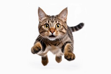 Obraz premium funny cat flying. photo of a playful tabby cat jumping mid-air on the grass looking at camera. background with copy space